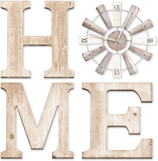 Farmhouse Home Signs with Windmill Clock Wall Decor Rustic Home Letters Wall Art for Living Room Kitchen Entryway Dining Room Bedroom (water-white)