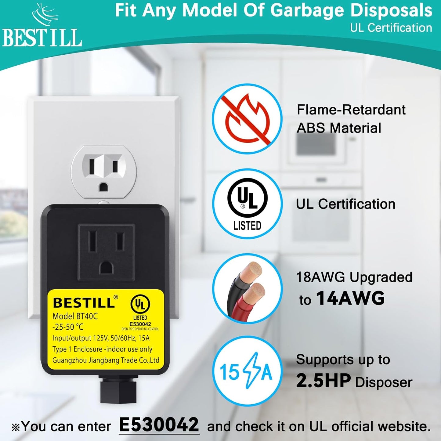 BESTILL Garbage Disposal Air Switch Kit - UL Listed, Brass 3.6" Long Push Button for Waste Disposer, Cordless Sink Top Switch Button, Matte Black, Compatible with all Garbage Disposals