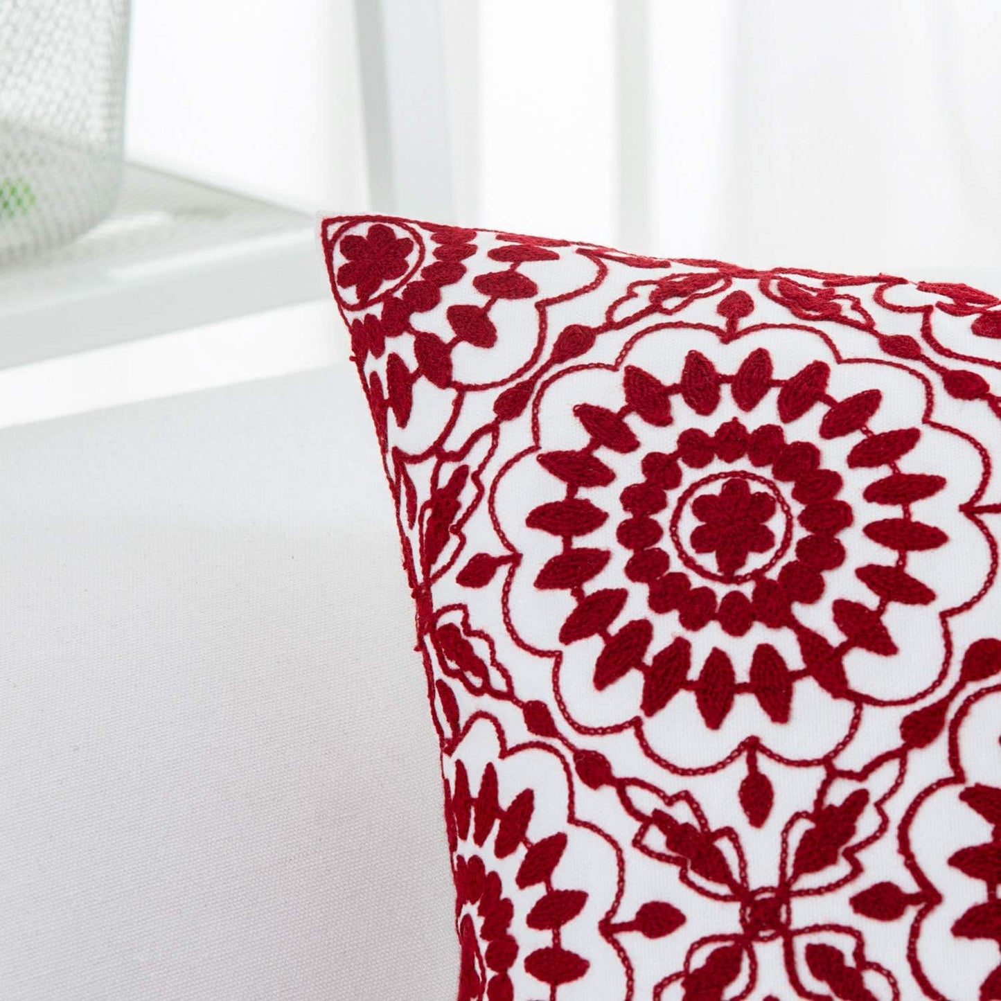 HWY 50 Red Decorative Throw Pillow Covers 18x18 Inch (1 Piece), Embroidered Cotton Farmhouse Cushion Cover Pillow Case for Sofa Couch Living Room Bed, Little Sunflower