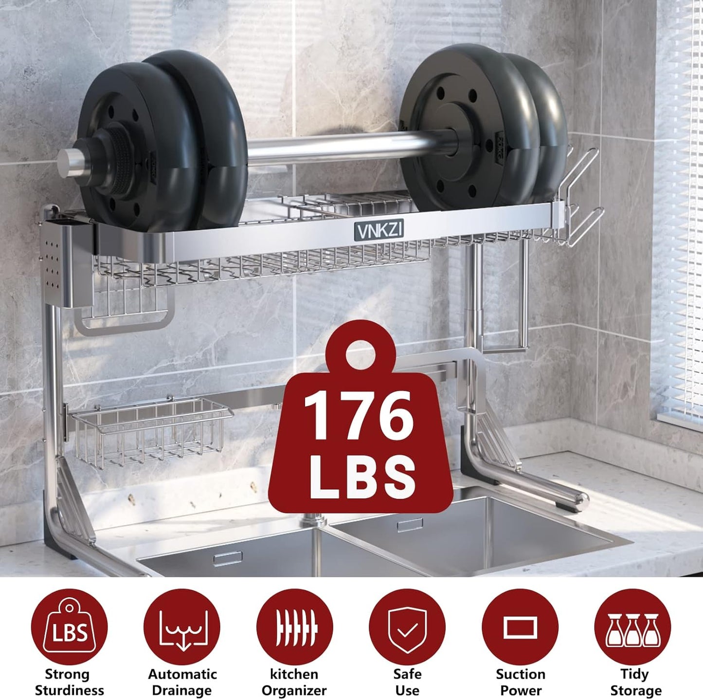 VNKZI Over Sink Dish Drying Rack, 2 Tier Full Stainless Steel Storage Adjustable Length (25.98'' to 36.61'') Kitchen Rack, Multifunctional Expandable Counter Organizer, Space Saver Dish Rack