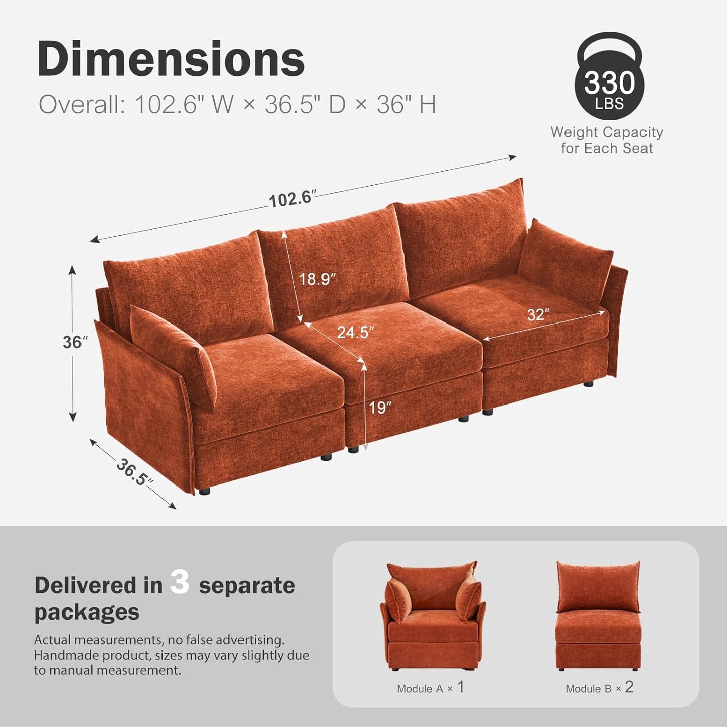 102.6" Modular Sectional Sofa, Oversized 3-Seater Terracotta Orange Couch with Removable Chenille Fabric Cover, Deep Seat & High Backrest for Living Room, Office & Apartment