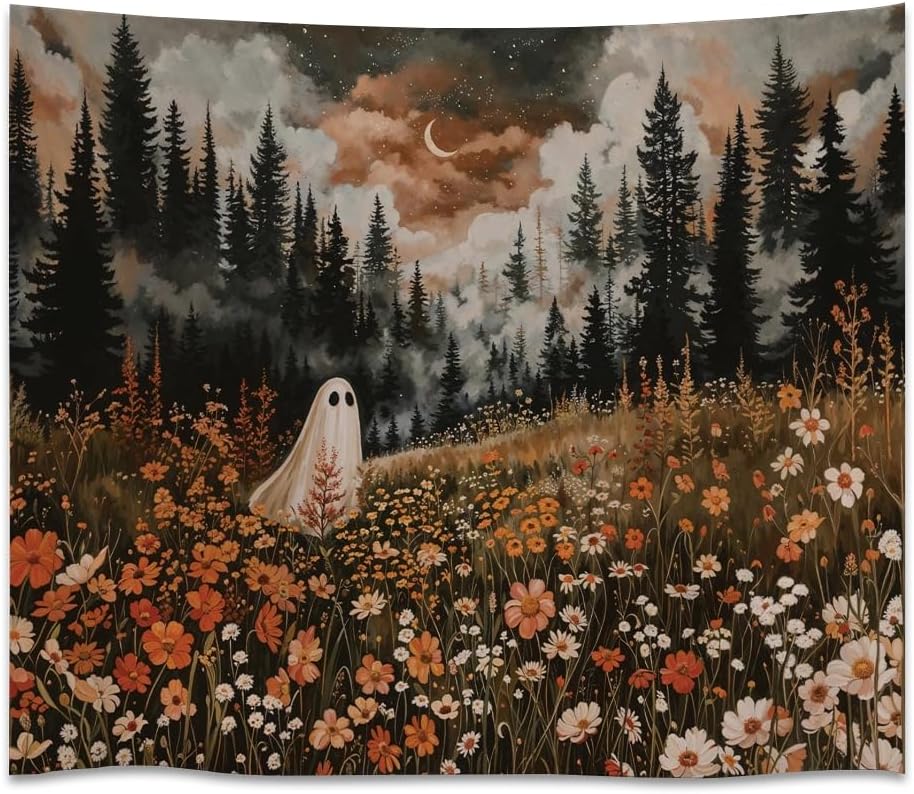 Spooky Fall Forest Art Halloween Tapestry Wall Hanging Cute and Funny Forest Flower Ghost Tapestry for Bedroom Whimsical Dark Academia Aesthetic Tapestries for Home Living Room Decor 40x60inch