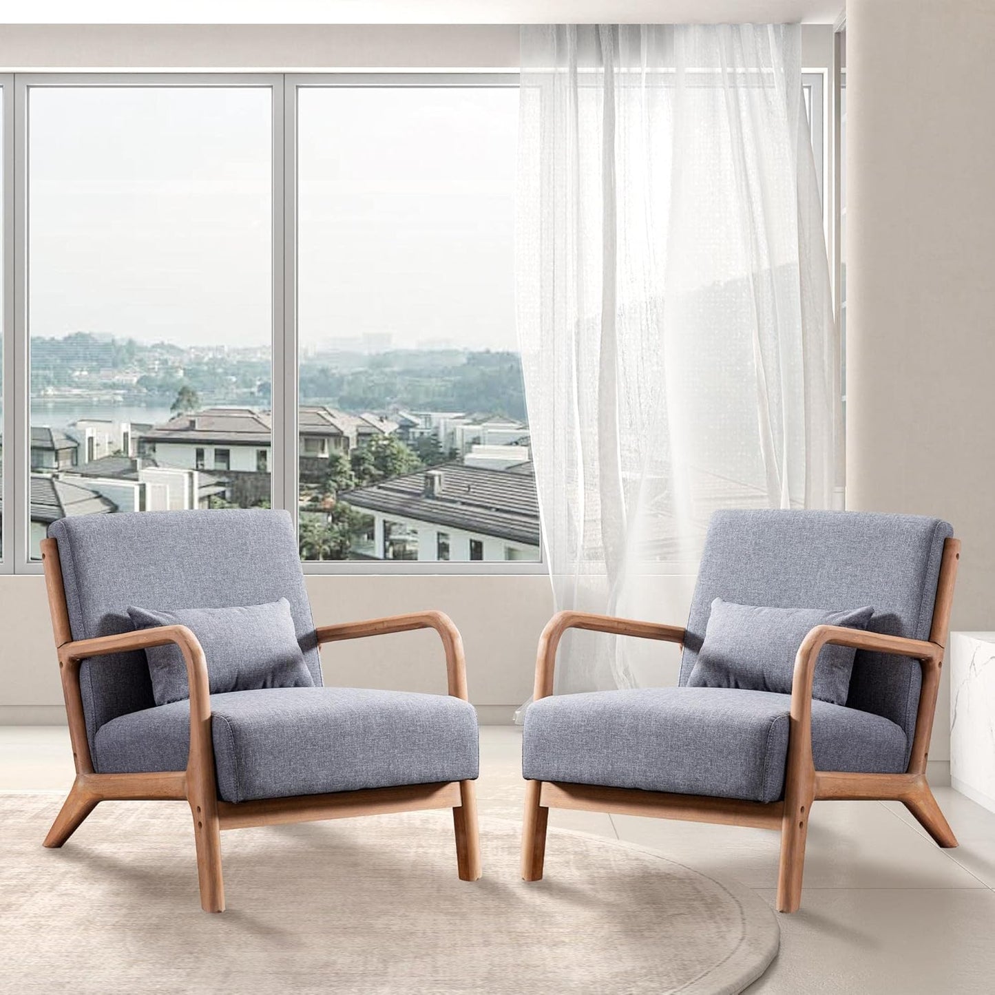 INZOY Mid-Century Modern Accent Chair Set of 2, Dark Grey Living Room Chairs with Waist Cushion, Upholstered Reading Armchair for Bedroom Sunroom