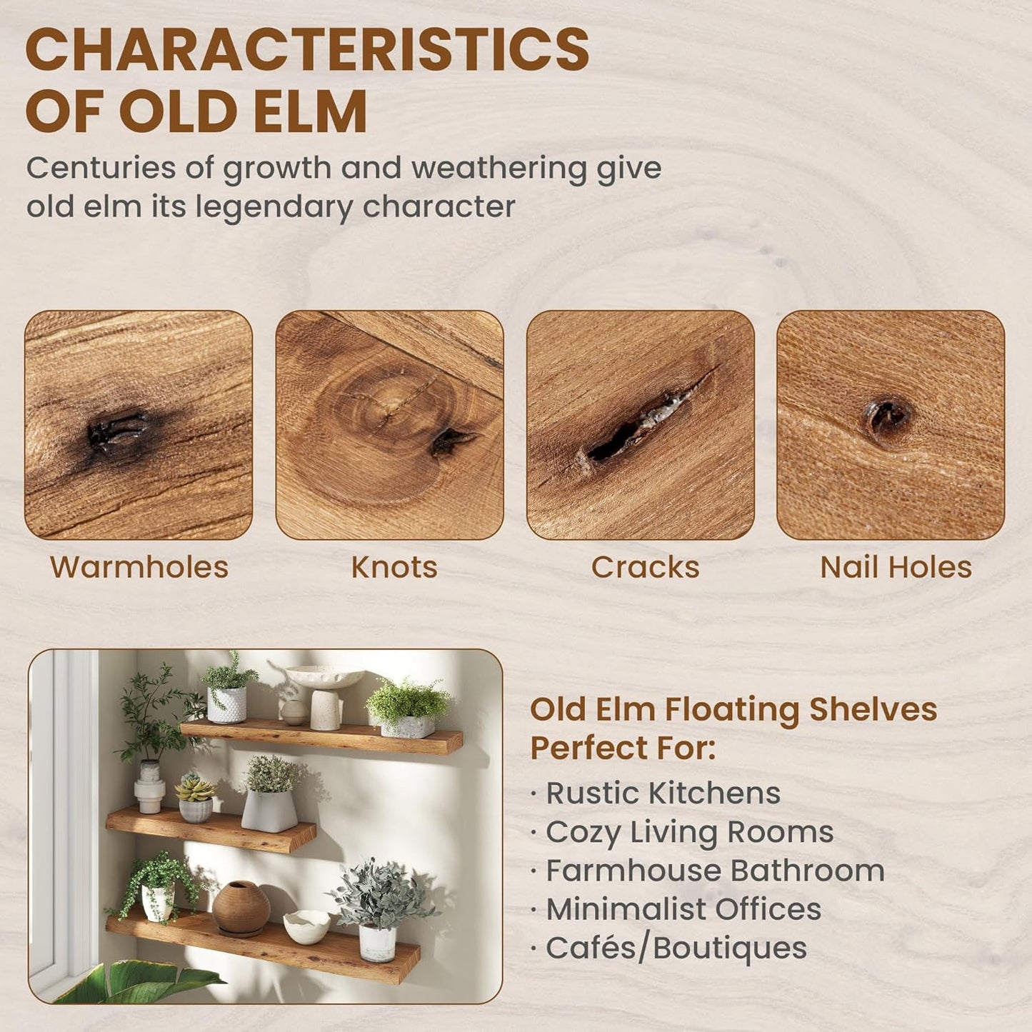 30" Floating Shelves, Live Edge Solid Elm Wood Floating Shelf, Wall Mounted Display Shelves with Heavy-Duty Bracket for Books, Rustic Wooden Shelf for Kitchen, Bathroom, Natural Color, Set of 2