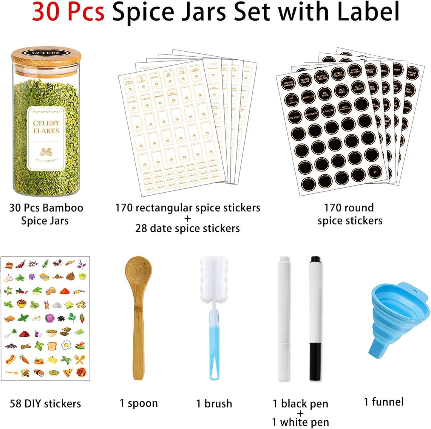 Spice Jars with Labels, 30Pcs 6oz Glass Spice Jars with Bamboo Lids, Minimalist Stackable Airtight Spice Containers with 426 labels for Kitchen Seasoning, Tea, Herbs, Coffee, Sugar,Shells