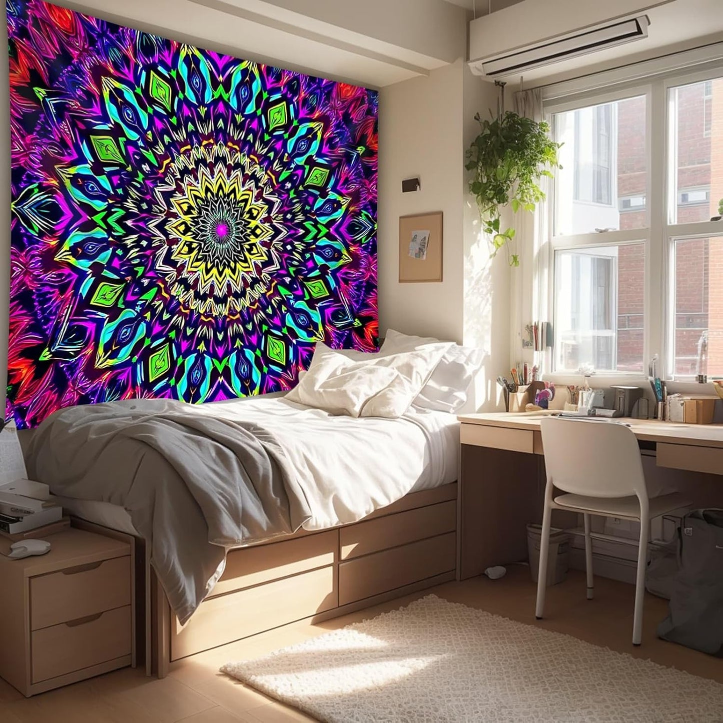 Blacklight Mandala Tapestry for Bedroom, XL Black Light Posters for Adults and Teens, Colorful UV Reactive Aesthetic Bohemian Wall Art Decor (90 x 70 Inches)