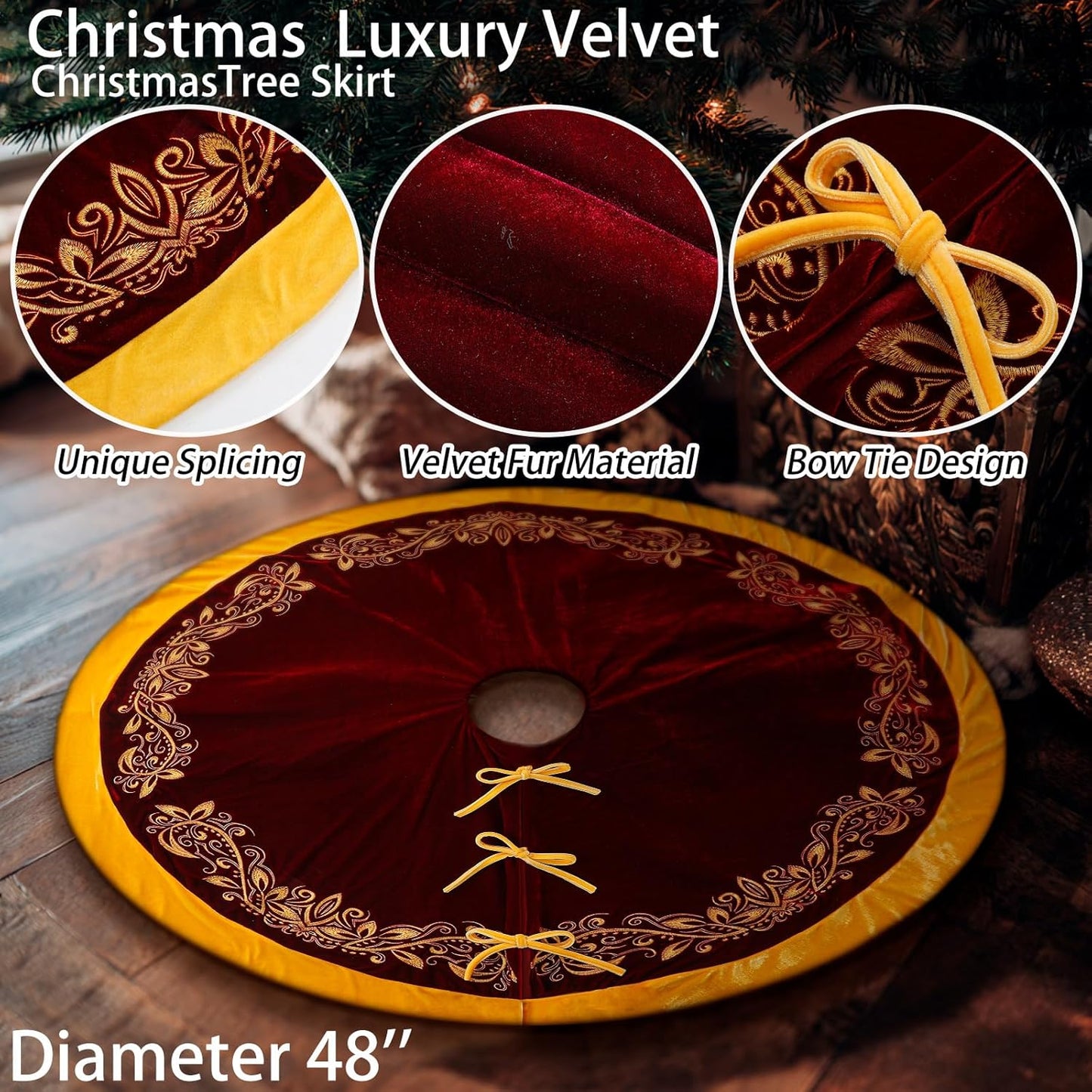 Luxury Velvet Christmas Tree Skirt 48 Inch Gold Victoria Embroidery Vintage Sparking Holly Tree Skirt for Holiday Party Rustic Xmas Decorations Home(Burgundy)