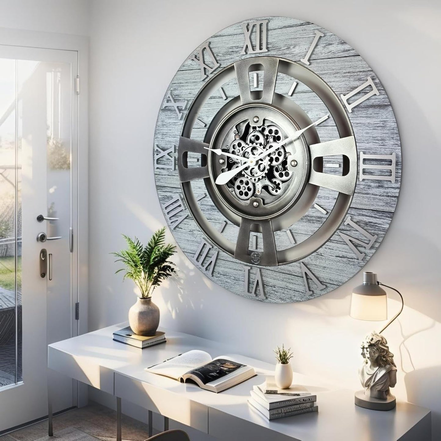 The Gears Clock Real Moving Gear Wall Clock England Line (Silver Grey, 24 inches (60 cm))