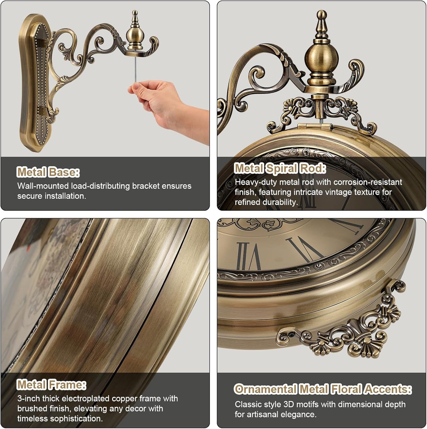 Large Vintage Double Sided Wall Clock with Glass & Metal, Roman and Arabic Numerals, Silent Non-Ticking Battery Operated Antique Clock for Living Room, Office, Hallway Decor (15x18.5 Inch)