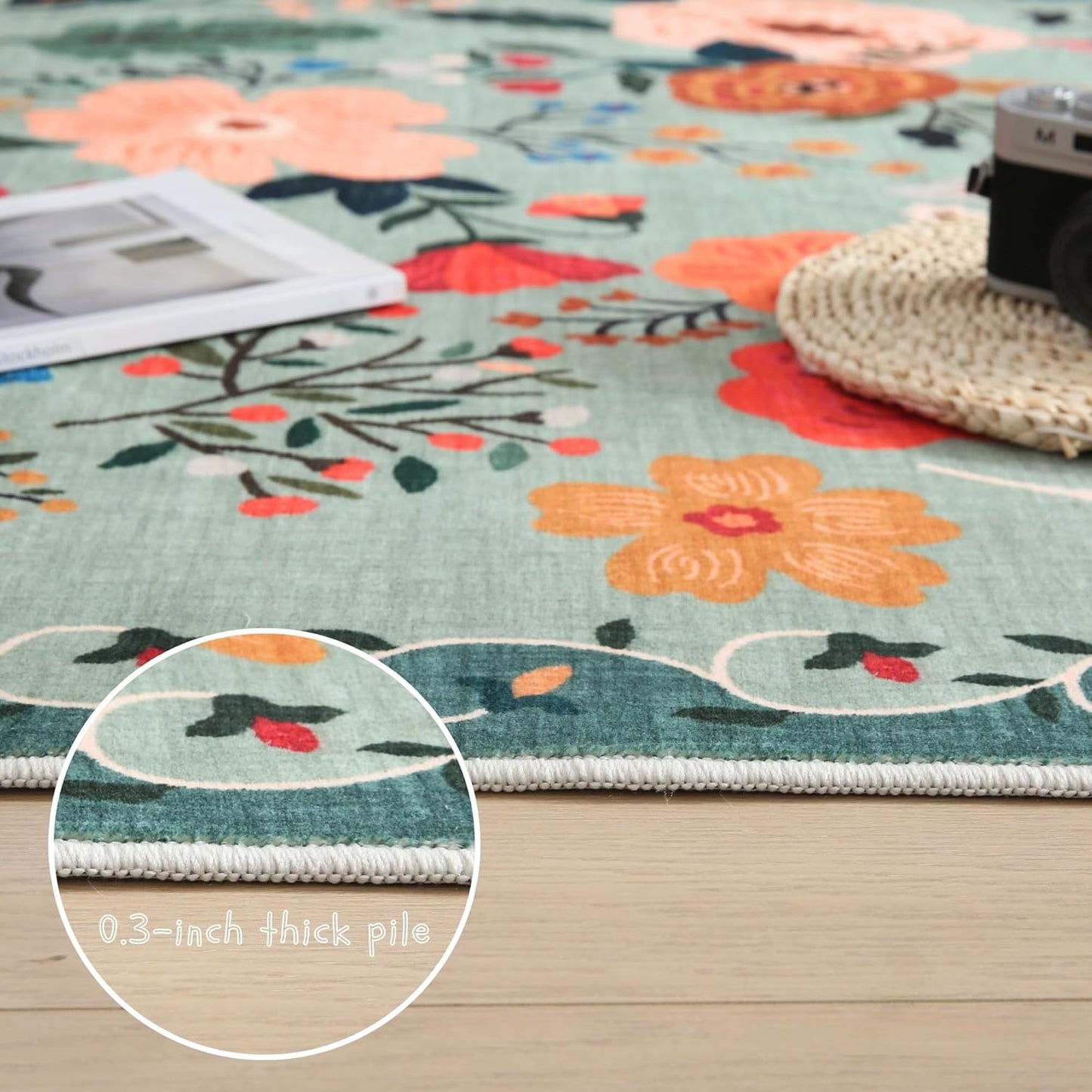 Living Room Rug 6x9 Rug Machine Washable Boho Area Rug Non Slip Floral Vintage Low Pile Large Rug for Living Room, Bedroom, Farmhouse, Dining Room, Kids Playroom(Green)