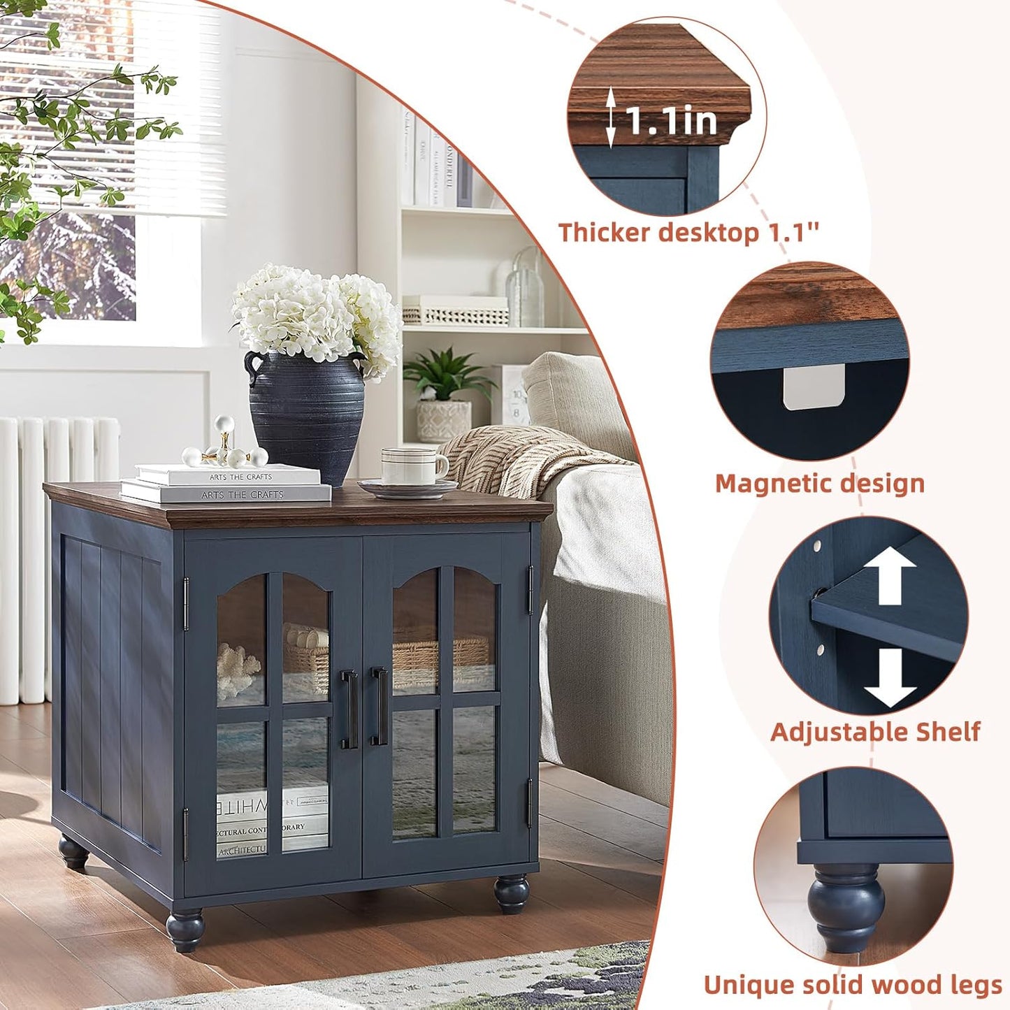 Farmhouse End Table with Charging Station,24" Large Sofa Side Table with Glass Barn Door,Rustic Wood Night Stand with Adjustable Storage Shelf,Square Bedside Table for Living Room,Bedroom Office
