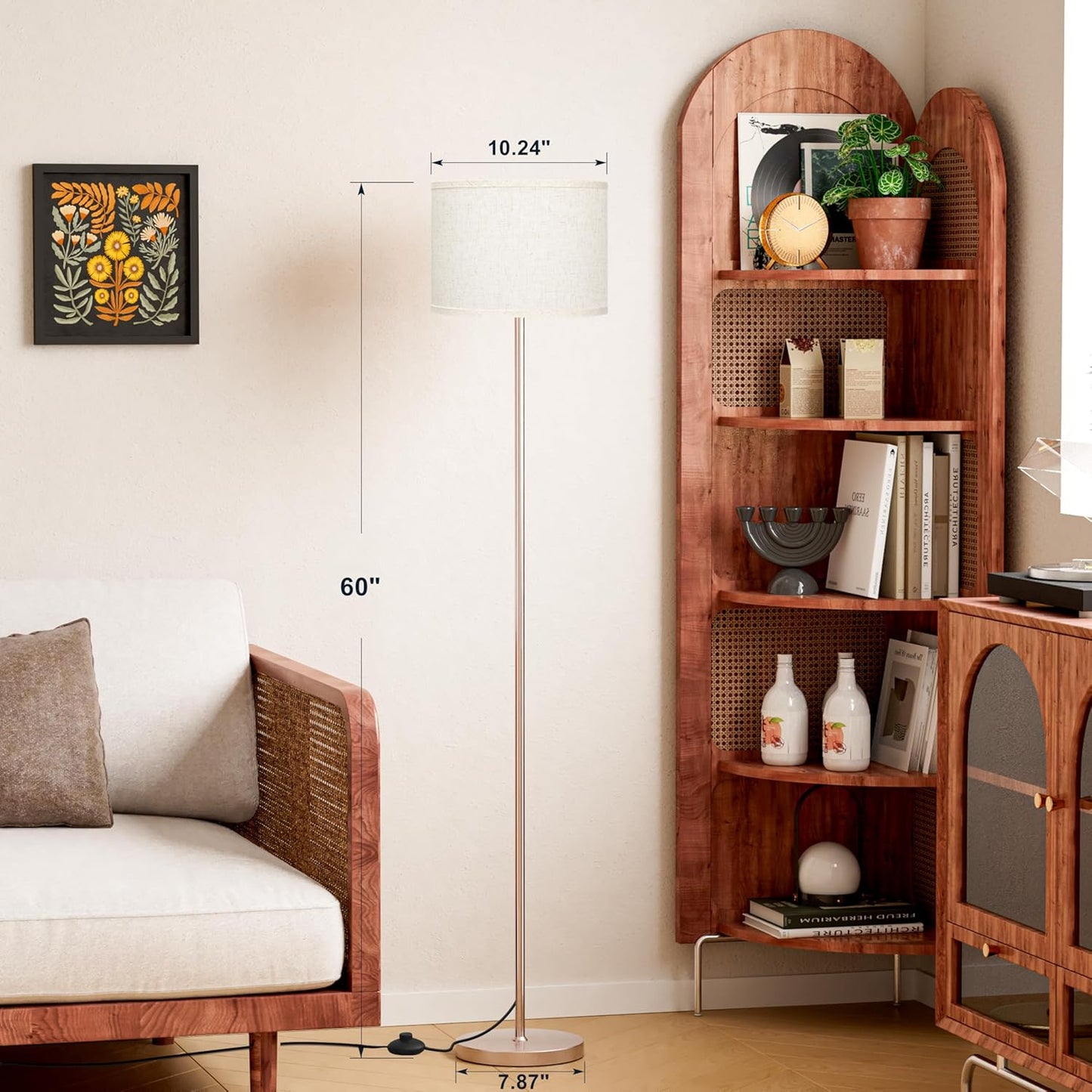 Ambimall 60'' Modern Floor Lamp with Shade, Tall Lamps for Living Room, Bedroom, Office, Dining Room, Beige Shade with Mocha Gold Pole(Without Bulb)
