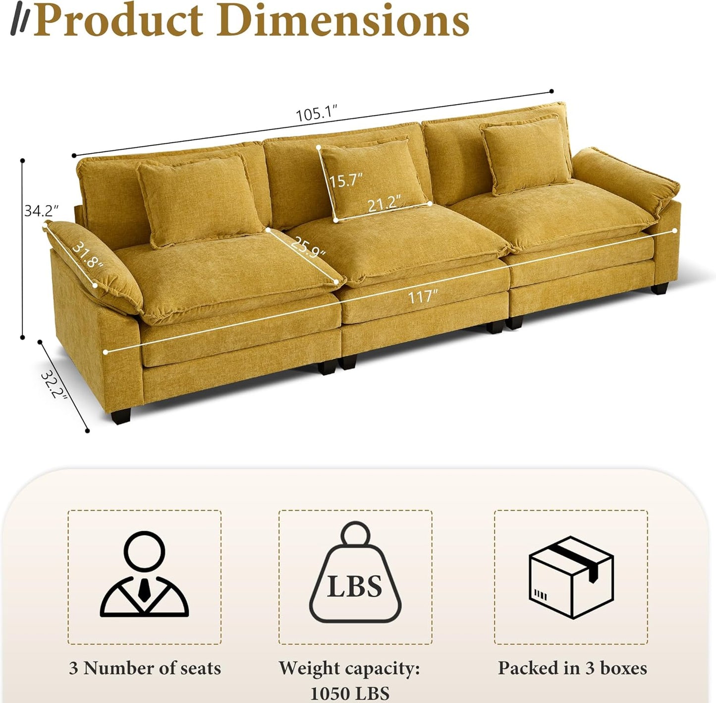URRED Modular Sectional Sofa Comfy Cloud Couch, Modern Chenille Sofa Sleeper Deep Seat Couches with Ottoman/Pillows for Living Room (Yellow, 117'')