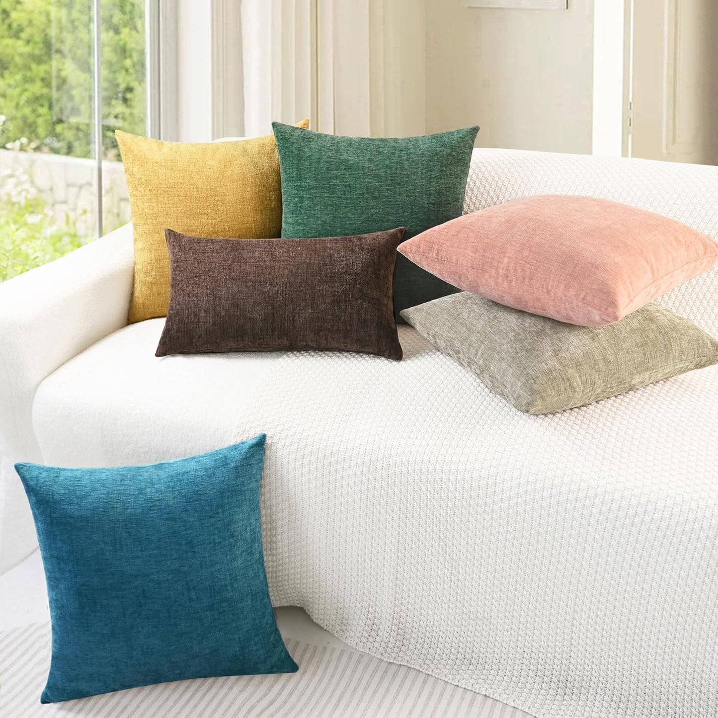 CaliTime Throw Pillow Covers Decorative 24 X 24 Inches Pack of 2 Cozy Chenille Cushion Cases for Couch Sofa Bed Living Room Home Dark Green