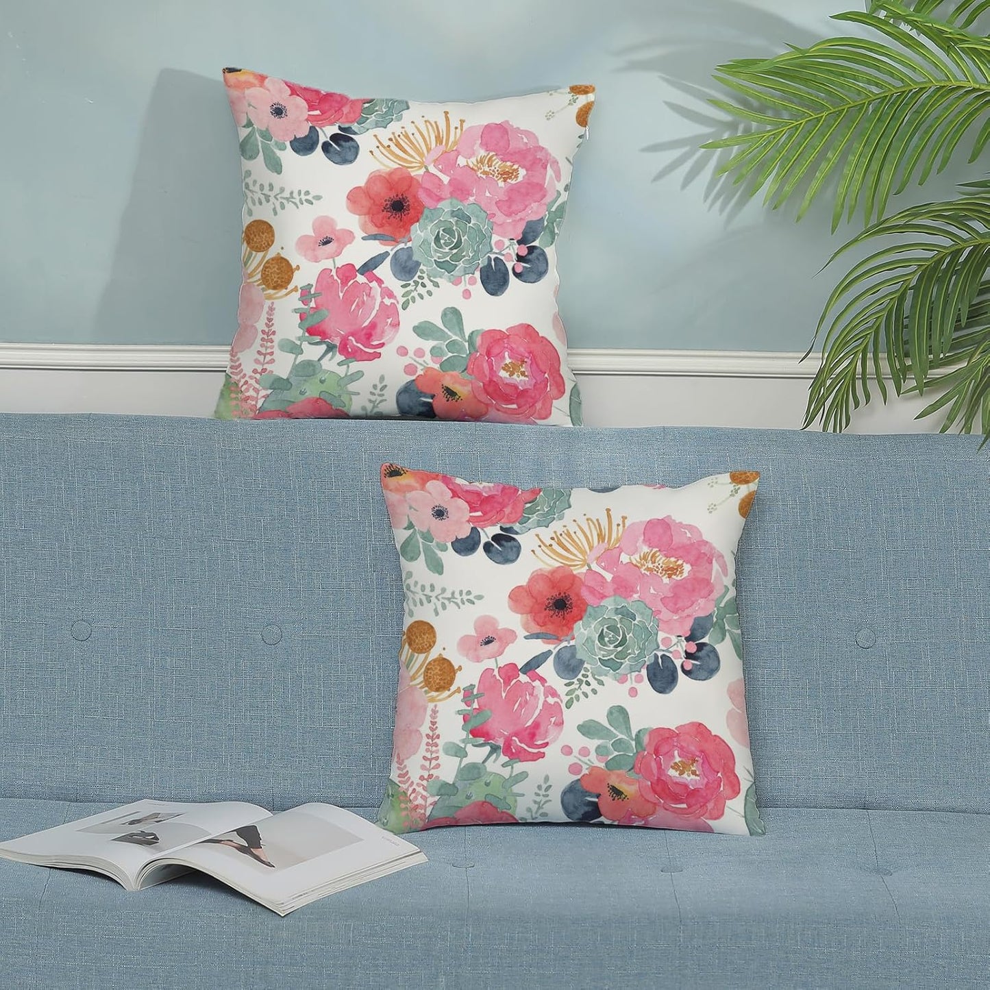 CXMEIFLY Spring Floral Pillow Covers 24 x 24 Inch Set of 2 for Watercolor Pink Flowers Decor Throw Pillows Green Leaves Plant Outdoor Decorative Cushion Cases with Zipper for Couch Bed Decorations