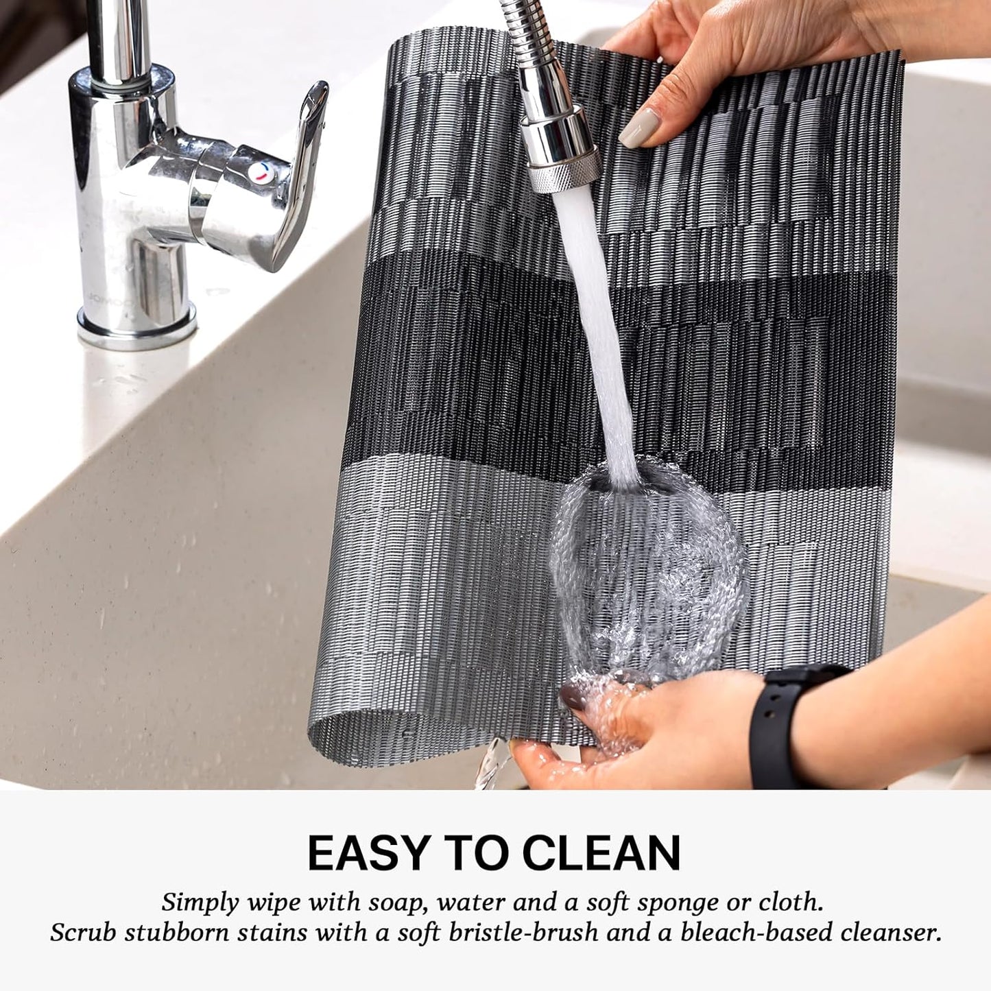 LEXMORE Placemats Set of 12 Vinyl/Plastic Woven Place Mats for Kitchen Table Indoor/Outdoor Washable Placemat Wipeable Dining Table Mats(E-Silver Gray Black)