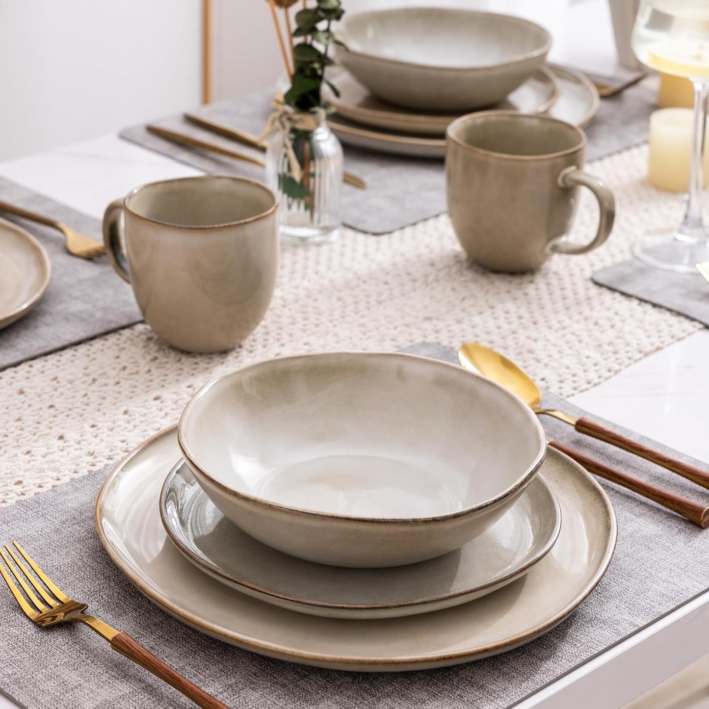 AmorArc Ceramic Dinnerware Sets,Handmade Reactive Glaze Stonewre Plates and Bowls Sets,Highly Chip and Crack Resistant | Dishwasher & Microwave Safe Dishes Set,Service for 4 (12pc)