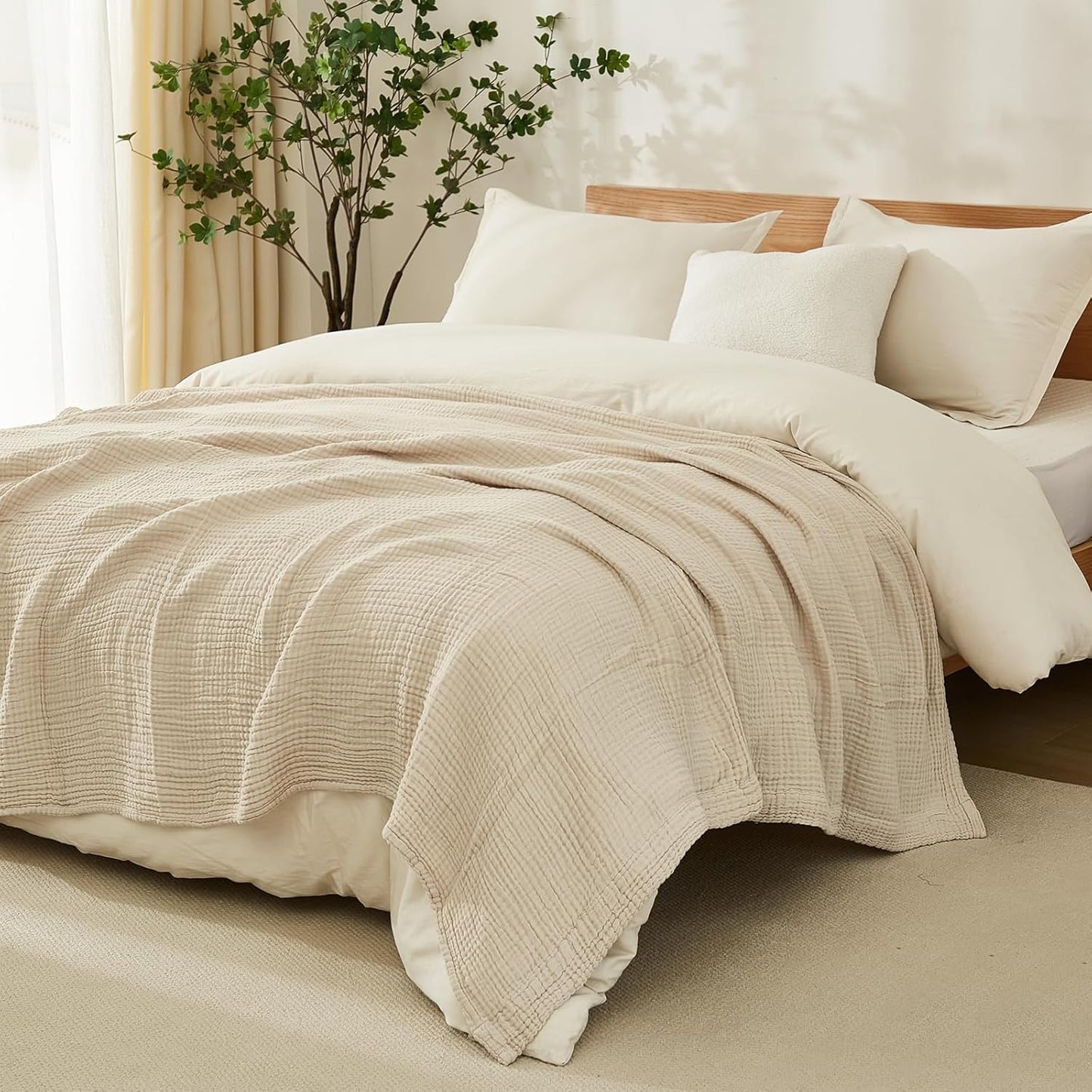 EMME Cotton Blanket Queen Size for Bed Soft Muslin Bed Blankets 90"x90" Lightweight Breathable Bedspread Coverlet All Season Gauze, Light Tan