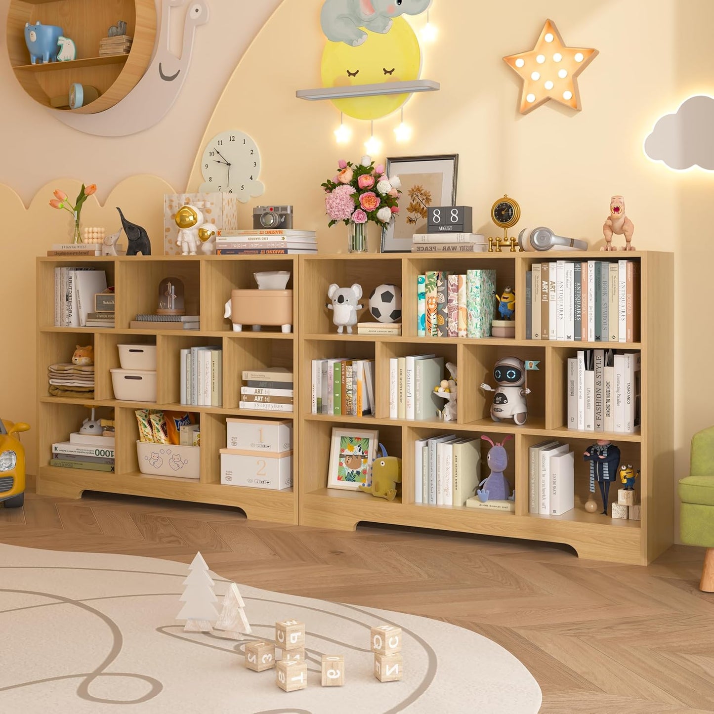 Book Shelf Set of 2, 10 Cubes Storage Organizer, 3-Tier Open Shelf Wooden Bookcase, Freestanding Wooden Bookshelf Cube Shelf for Bedroom, Living Room, Home Office