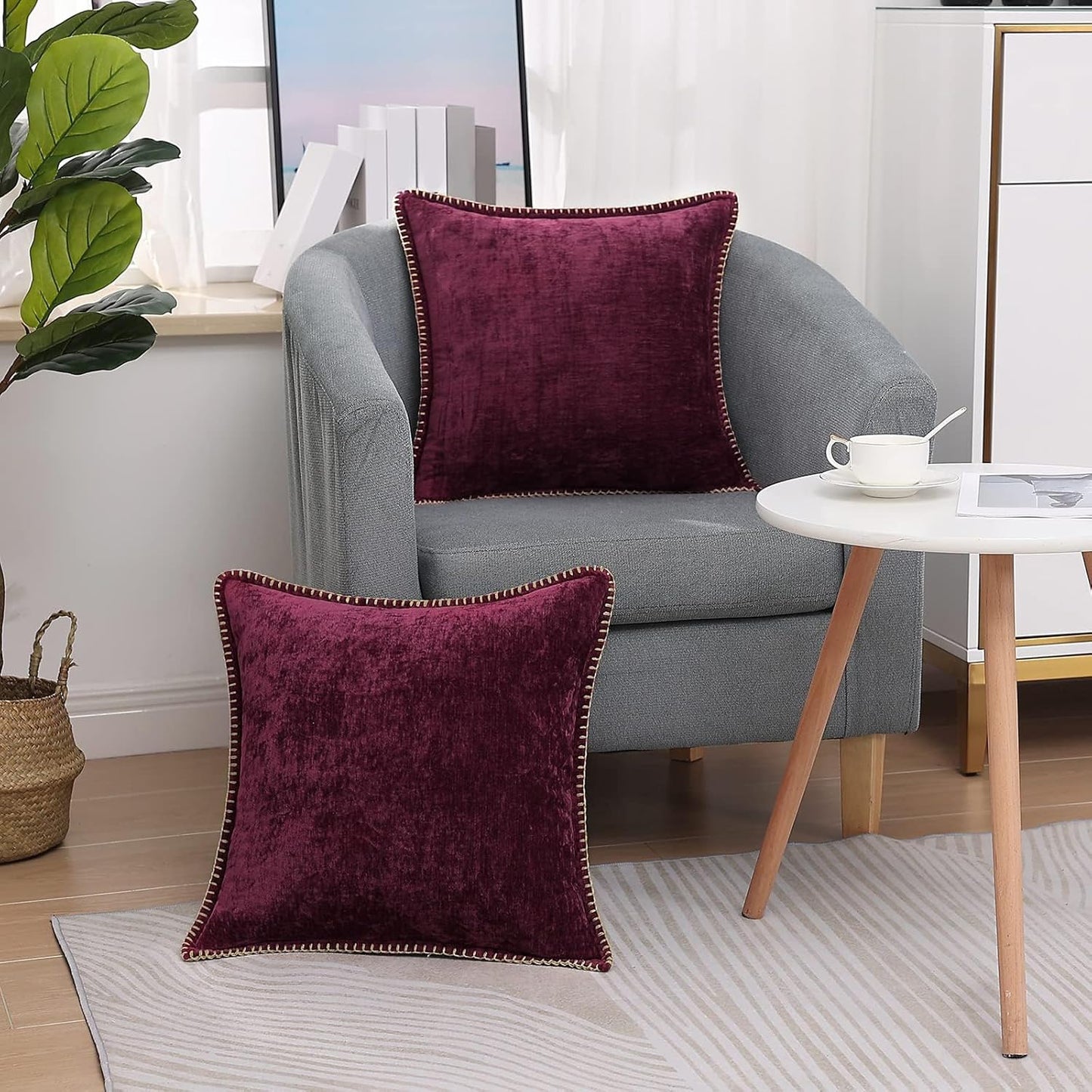 decorUhome Chenille Soft Throw Pillow Covers 18x18 Set of 2, Farmhouse Velvet Neutral Decorative Euro Pillow Covers with Stitched Edge for Couch Sofa Bed Home Decor, Rhododendron