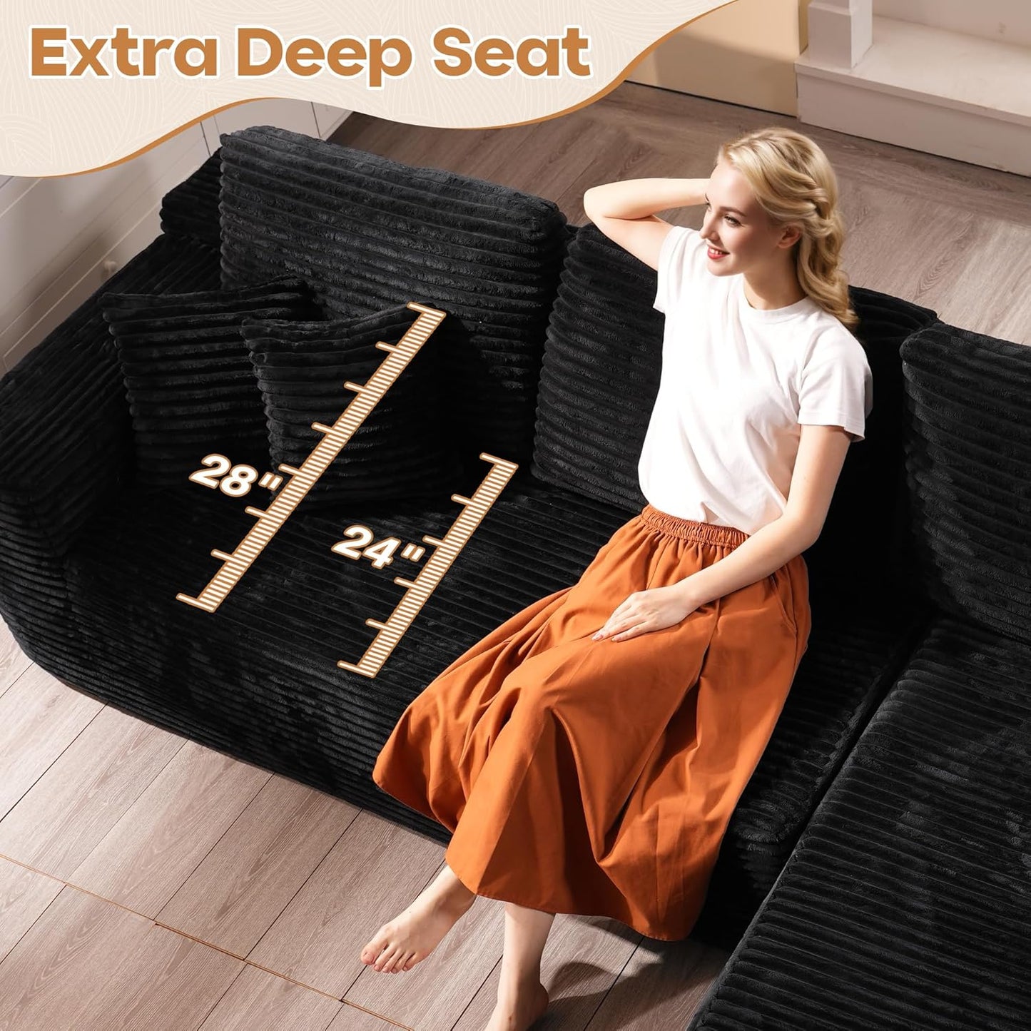 Cloud Sectional Couches for Living Room,U Shaped Modular Sofas No Assembly,133x68 Inches Plush Corduroy Oversized Floor Couch Set with Deep Seat Chaise,Black