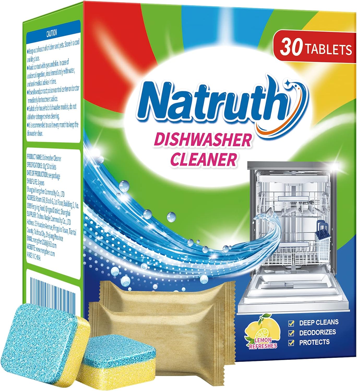 NATRUTH Dishwasher Cleaner And Deodorizer Tablets -30 Pack for Deep Cleaning, Deodorizing & Protecting, Prevents Buildup.Heavy Duty And Septic Safe.Clean Dish Washer For Limescale, Odor, Smell (Lemon)