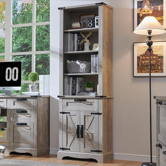 OKD 72'' Tall Bookshelf with Storage, Farmhouse 4 Tier Bookcase w/Barn Door, Adjustable Shelves and Drawers, Rustic Wooden Office Bookshelves for Home Bedroom, Living Room, Library (Light Rustic Oak)