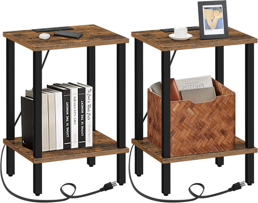 TUTOTAK End Table with Charging Station, Side Table with USB Ports and Outlets, Nightstand, 2-Tier Storage Shelf, Sofa Table for Small Space, 1 Package（2PCS） TB01BB041