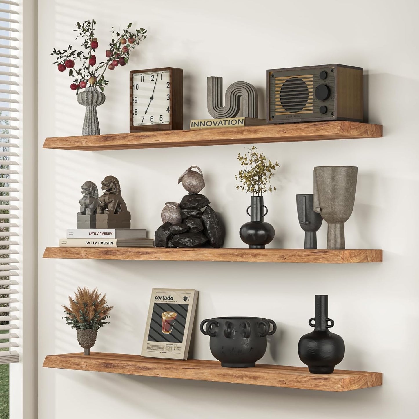 55 Inch Floating Shelves, Rustic Live Edge Elm Wood Shelves for Wall, Heavy-Duty Long Floating Shelf with Invisible Bracket, Wall Mounted Storage Shelves for Books, Bathroom, Kitchen, Natural Finish