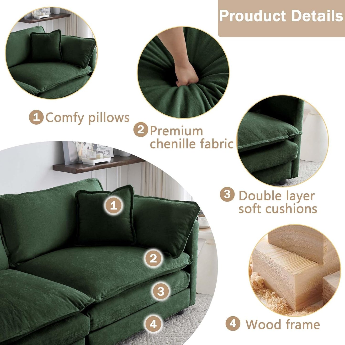 Sectional Sofa 2 Seater with Movable 1 Ottoman,Oversized Modular Couch Deep Seat (Green, 76.7 inch-L)