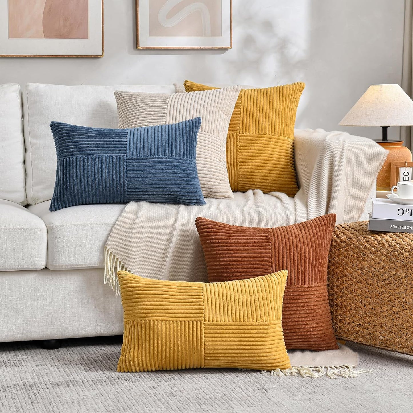 Fancy Homi 2 Packs Rust Decorative Throw Pillow Covers 20x20 Inch for Living Room Couch, Rustic Farmhouse Boho Home Decor, Soft Corss Corduroy Patchwork Accent Terracotta Square Cushion Case 50x50 cm