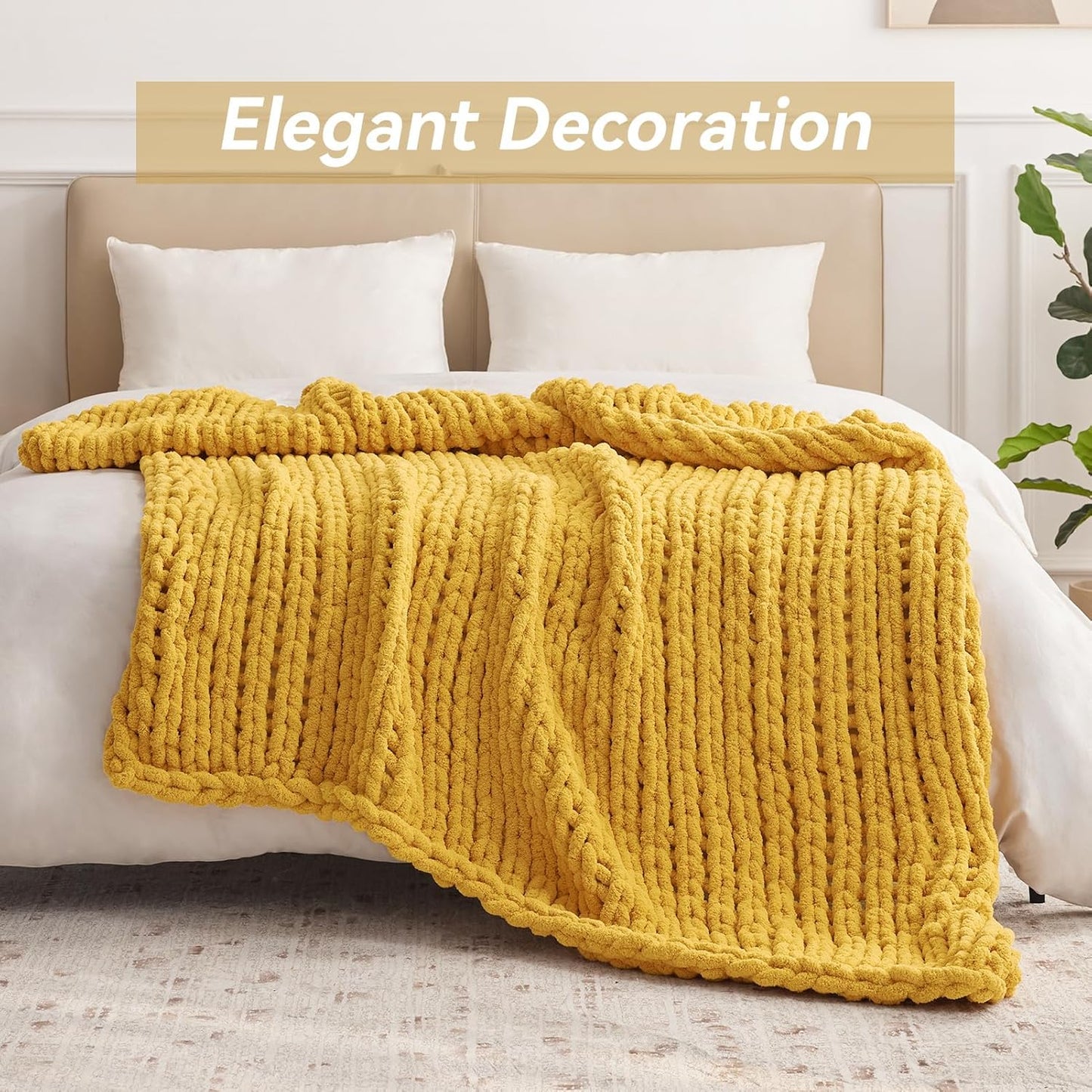 Chunky Knit Throw Blanket, 50''*60'' Knitted Throw Chenille Yarn for Bed Couch, Handmade Yellow Crochet Big Thick Blanket, Machine Washable Cute Comfy Blanket for Home Decor