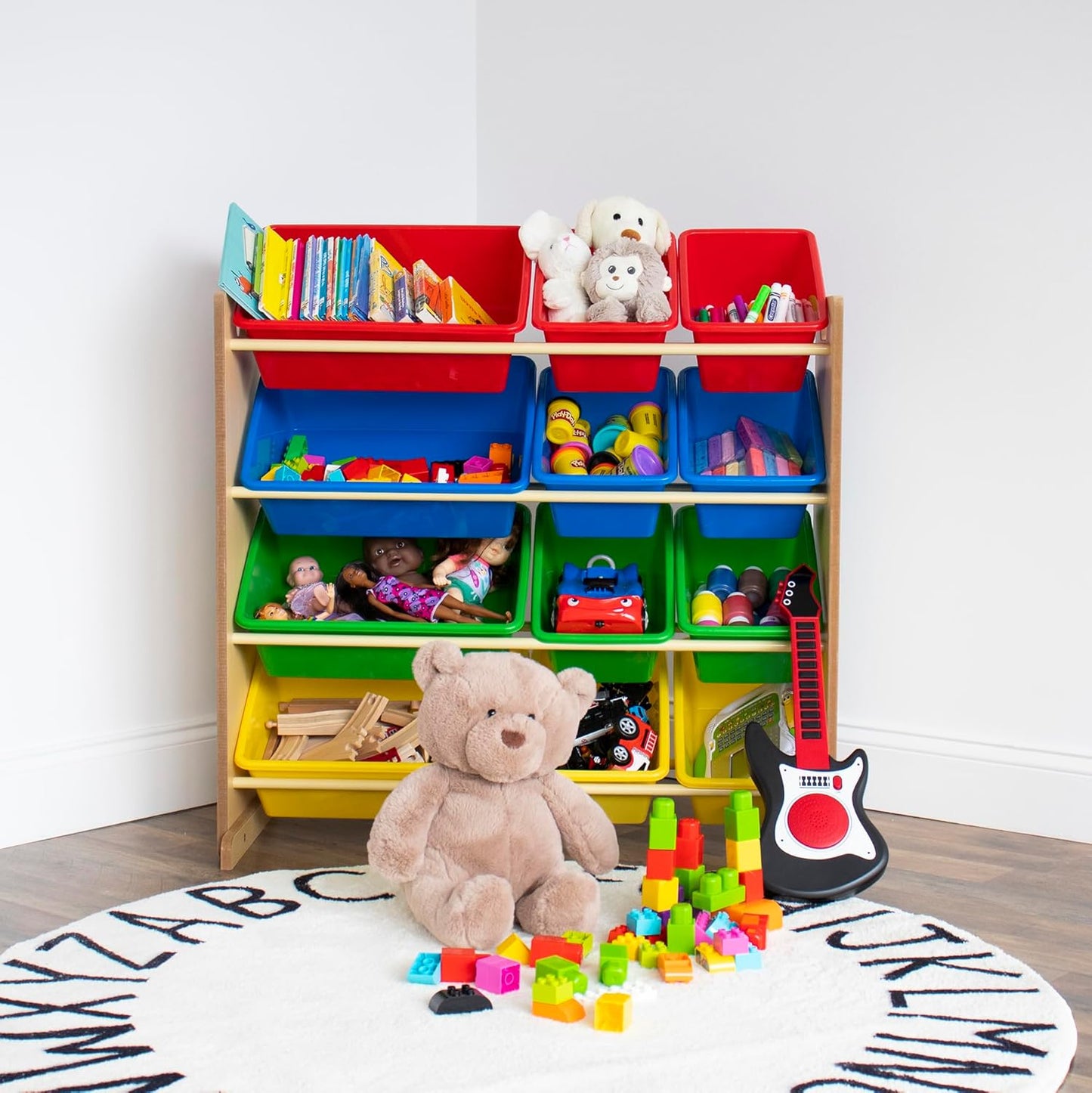 Humble Crew, Natural/Primary Kids' Toy Storage Organizer with 12 Plastic Bins, 34*35*15.5inch