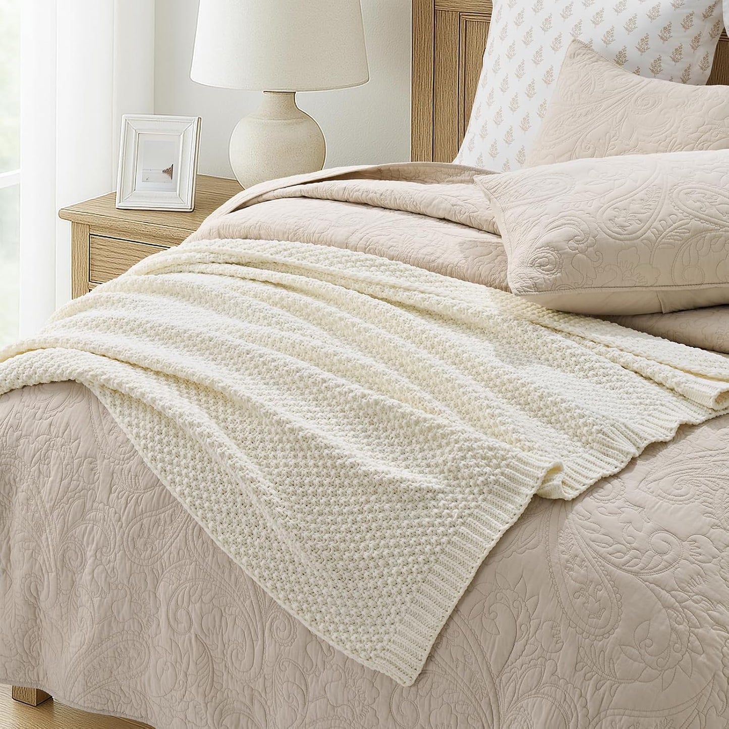 Chunky Chenille Knit Throw Blanket for Couch, Soft Luxurious Moss Stitch Blankets for Bed, Cozy Decorative Farmhouse Knitted Throws for Sofa, Ivory White, 50" x 60"