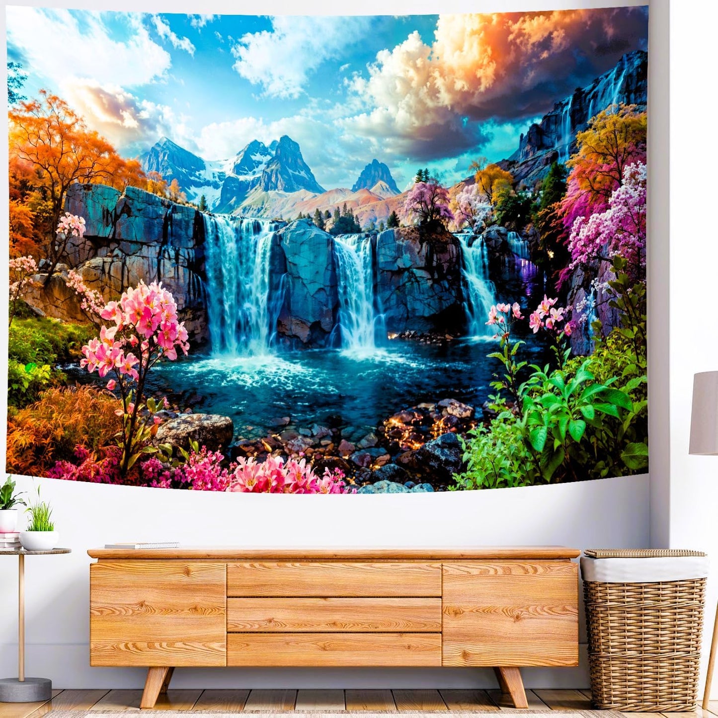 Delur Waterfall Tapestry Tropical Forest Mountain Sunset Tree Wall Hanging Tapestry Scenic Rainforest Landscape Nature Sunrise Headboard for Bedroom Living Room Home Decor (59.1" x 78.7")