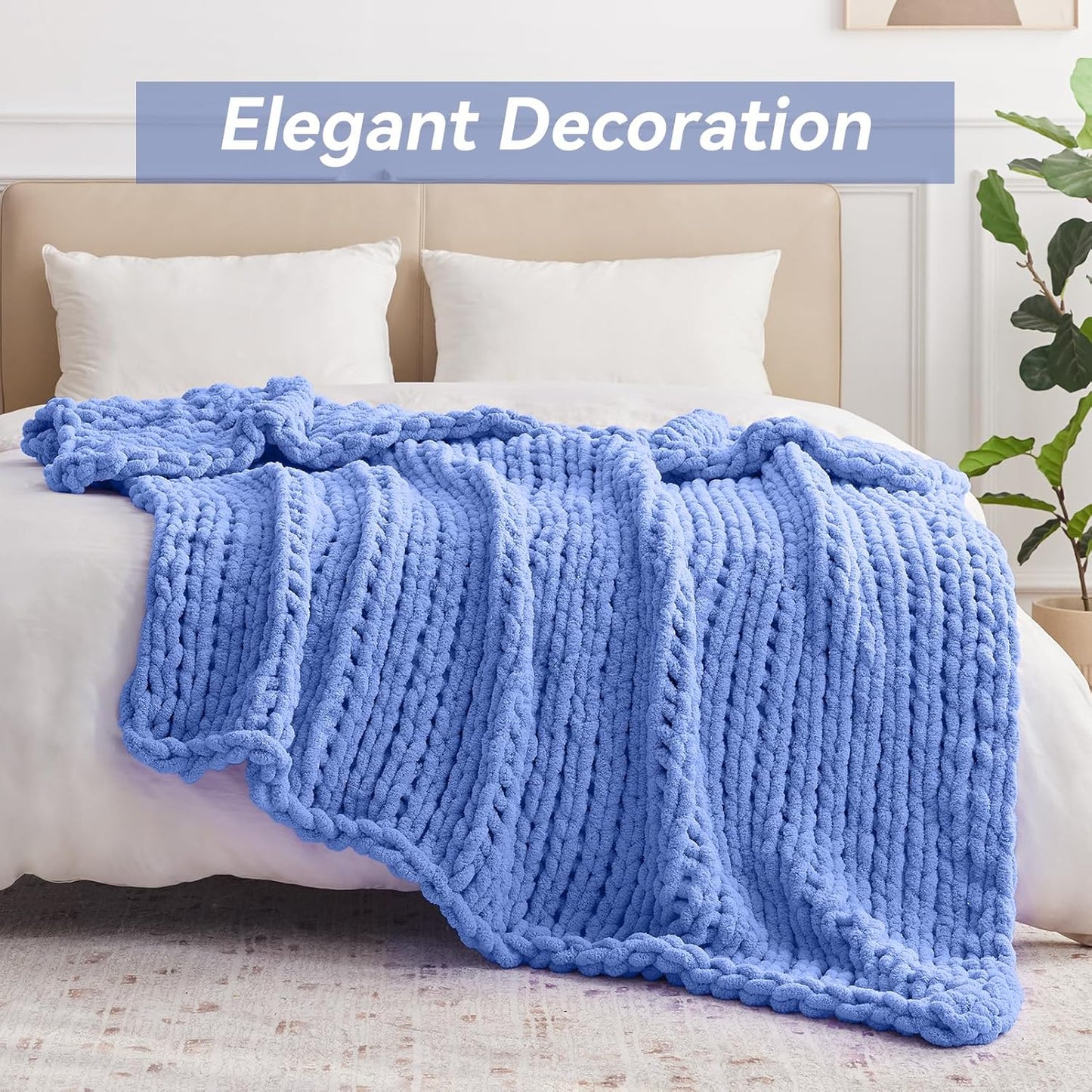 Chunky Knit Throw Blanket, 50''*60'' Knitted Throw Chenille Yarn for Bed Couch, Handmade Light Blue Crochet Big Thick Blanket, Machine Washable Cute Comfy Blanket for Home Decor