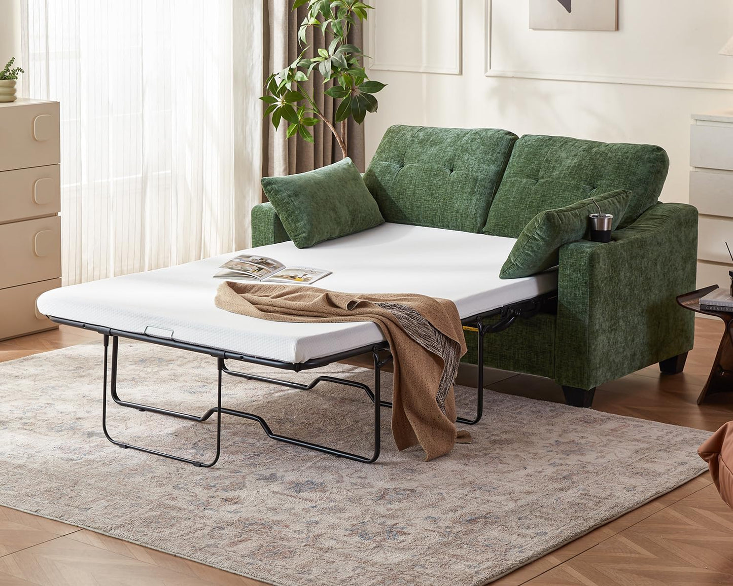 CHIC HOUSE Pull Out Sofa Bed, Full Size Sleeper Sofa, 2-in-1 Convertible Chenille Couch with USB Charging, Memory Form Couch for Living Room, Apartment & Small Space (Green, Chenille - Full)