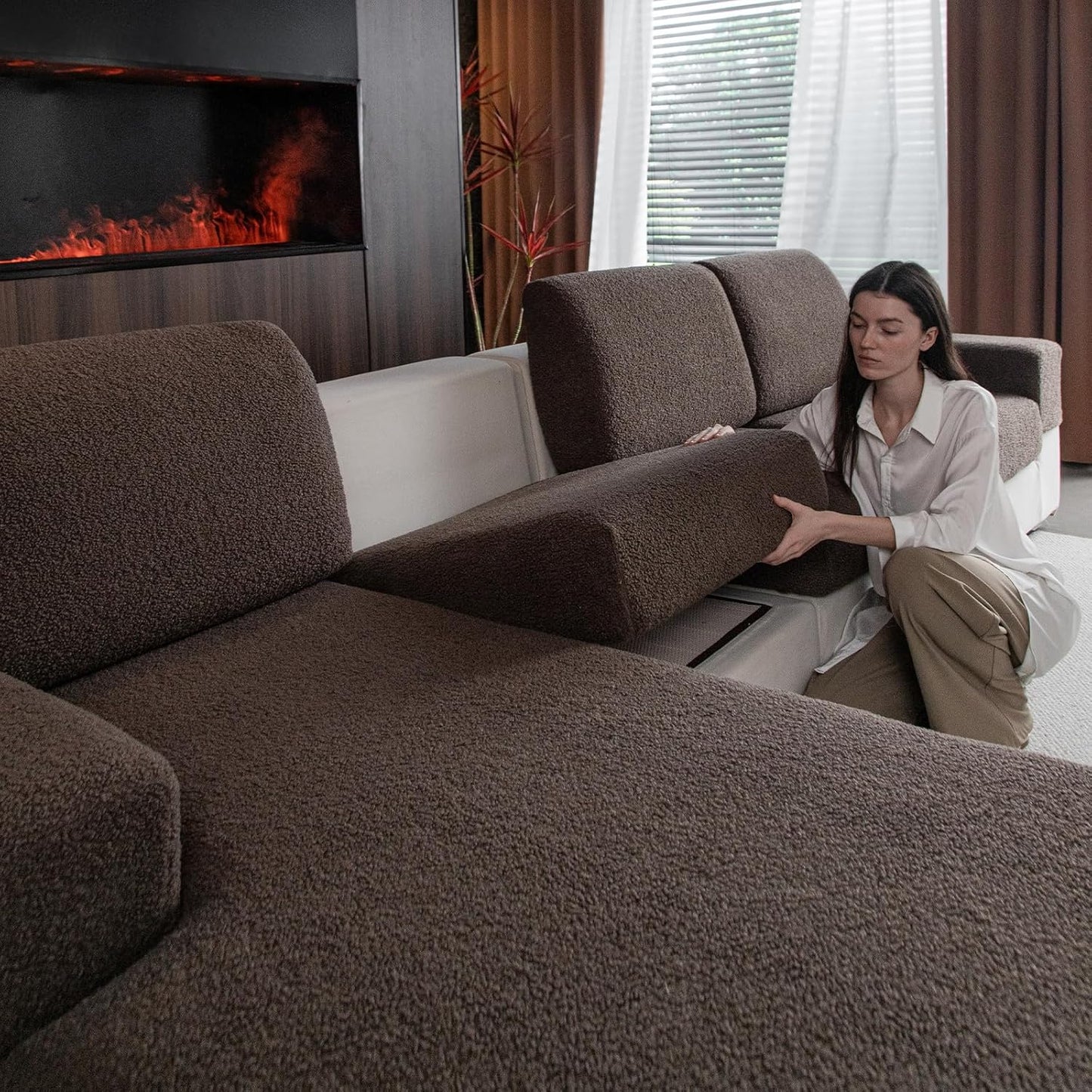 Couch Cushion Covers for Sectional Sofa, Stretch Soft Sofa Slipcovers Washable Wear-Resistant Universal Furniture Protector for Living Room(3 Seaters Covers+1 Chaise Cover, Brown)