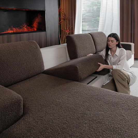 Couch Cushion Covers for Sectional Sofa, Stretch Soft Sofa Slipcovers Washable Wear-Resistant Universal Furniture Protector for Living Room(3 Seaters Covers+1 Chaise Cover, Brown)
