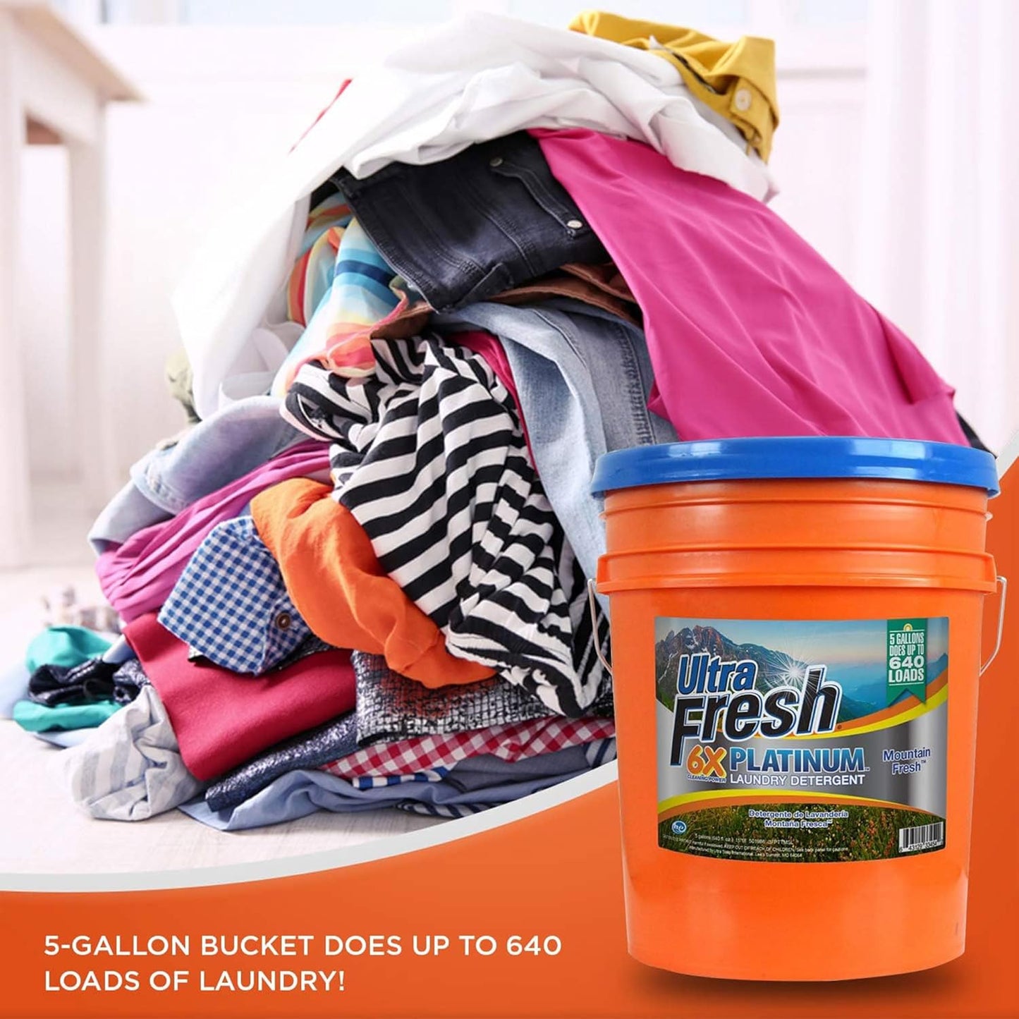 Ultra Fresh 5 Gallon Liquid Laundry Detergent Washing Soap for All Machine Types, 6X Platinum, Up to 640 Loads, Mountain Fresh