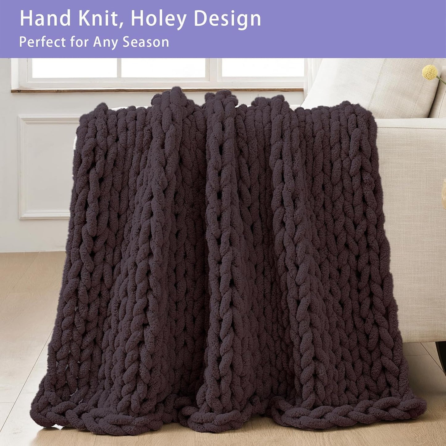 Bigacogo Chunky Knit Throw Blanket for Couch, 40x40 inches, 100% Hand Knitted with Thick Jumbo Chenille Yarn, Cozy Soft Large Rope Knot Cable Crochet Blankets for Sofa Bed Living Room, Chocolate