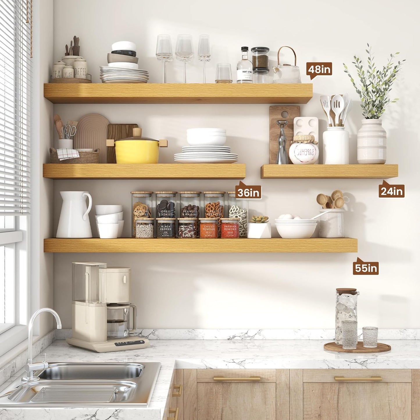 Heimlove 48" Floating Shelves for Wall,10 Deep Rustic Wood Storage Wall Shelves with Heavy Duty Brackets for Bathroom,Bedroom,Kitchen,Living Room,Office,Set of 2,Oak Color
