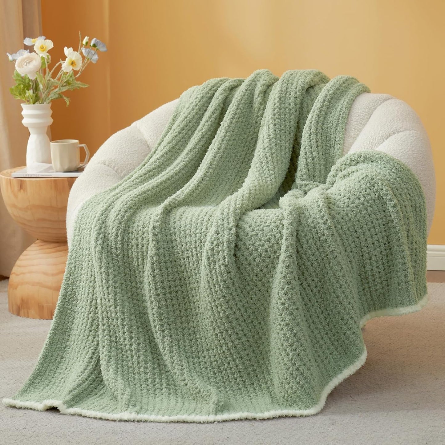 Snuggle Sac Ultra Soft Waffle Throw Blanket for Couch Bed Sofa 50x60 inches, Reversible Sage Green Blanket Microfiber Fluffy Fuzzy Cozy Knit Throws for Women Mothers Birthday Gifts