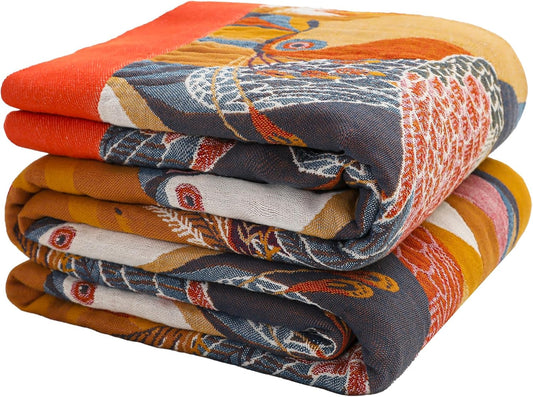 Boho Large Throw Blanket, 100% Organic Muslin Cotton Breathable Soft Bed Throw - Floral Bird Farmhouse Decor Blanket for Sofa Couch Chair Quilt and Gift. 80" x 90"- Colorful