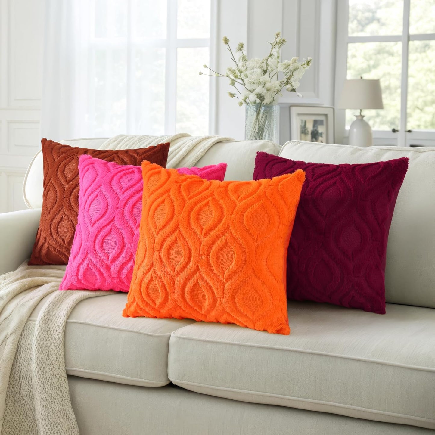 decorUhome Fall Throw Pillow Covers 20x20 Inch Set of 2, Soft Plush Decorative Faux Fur Hot Pink Solid Couch Pillow Covers, Accent Farmhouse Neutral Square Euro Pillow Cases for Sofa Bed Living Room