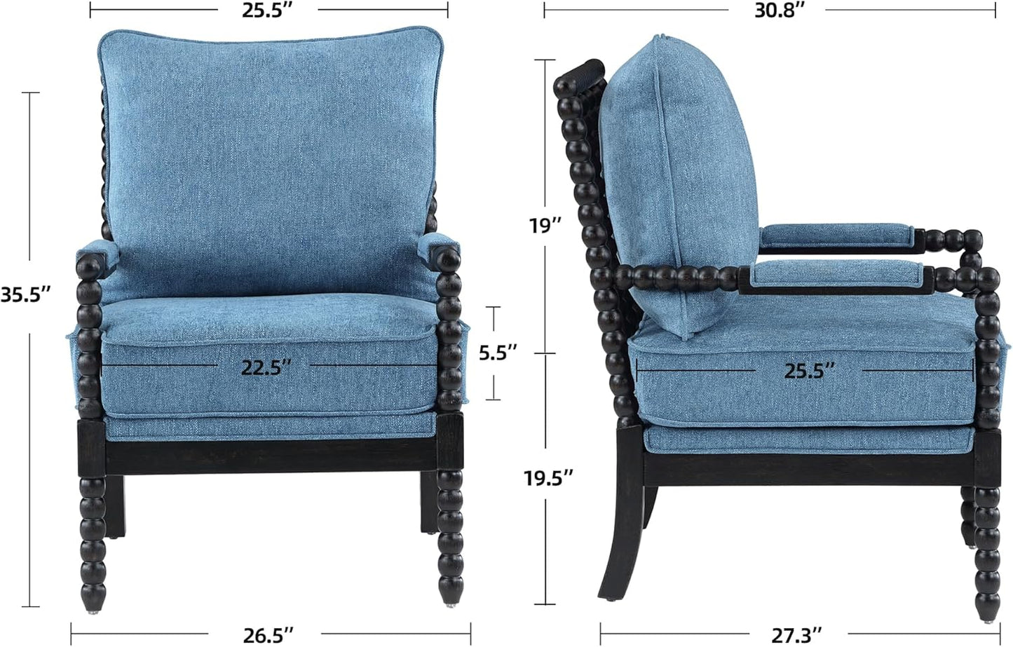 DUHOME Linen Fabric Spindle Accent Chair with Wood Frame,Modern Accent Spool Chairs with Padded Spring Seat and Brushed Blue Base for Living Room Bedroom Farmhouse Home Office Belcony