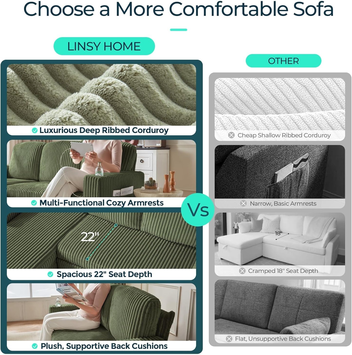 LINSY HOME Sectional Sleeper Sofa with Pull Out Couch Bed Convertible Plush Corduroy Cloud Couch with Storage Chaise & USB Charging, Comfy L Shaped Modular Couches for Living Room Apartment (Green)
