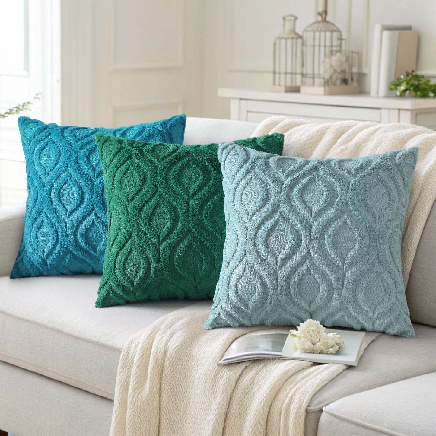 decorUhome Fall Throw Pillow Covers 20x20 Inch Set of 2, Soft Plush Decorative Faux Fur Teal Solid Couch Pillow Covers, Accent Farmhouse Neutral Square Euro Pillow Cases for Sofa Bed Living Room