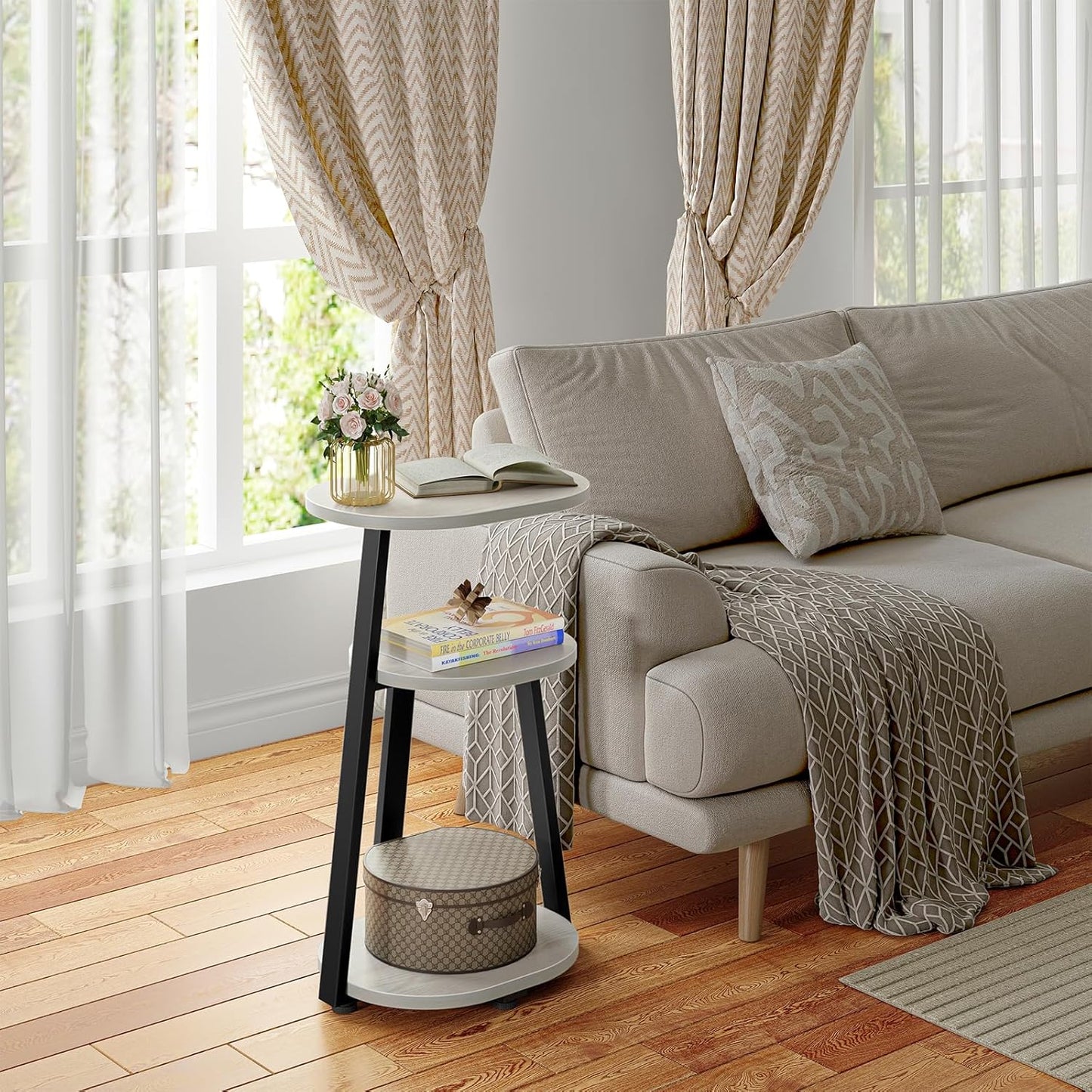 Side Table, Small End Table with Metal Frame, 3-Tier Bedside Tables, Round Side Tables for Living Room Bedroom Couch Bathroom, Oval, White Maple