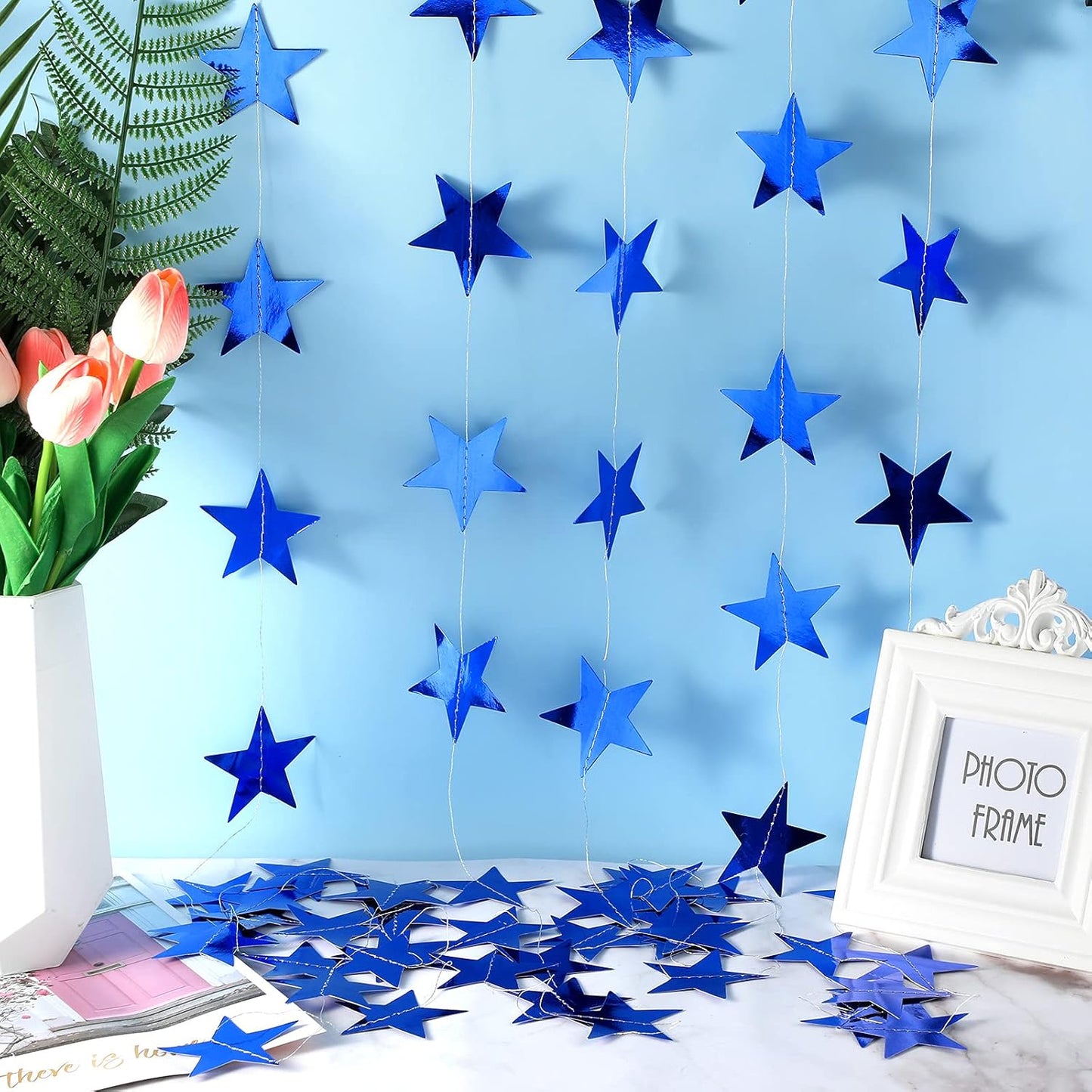 Patelai Glitter Star Garland Banner Decor 130 Feet Star Hanging Bunting Banner Twinkle Backdrop for Homecoming Classroom Wedding Birthday Halloween Christmas Party Supplies(Royal Blue)